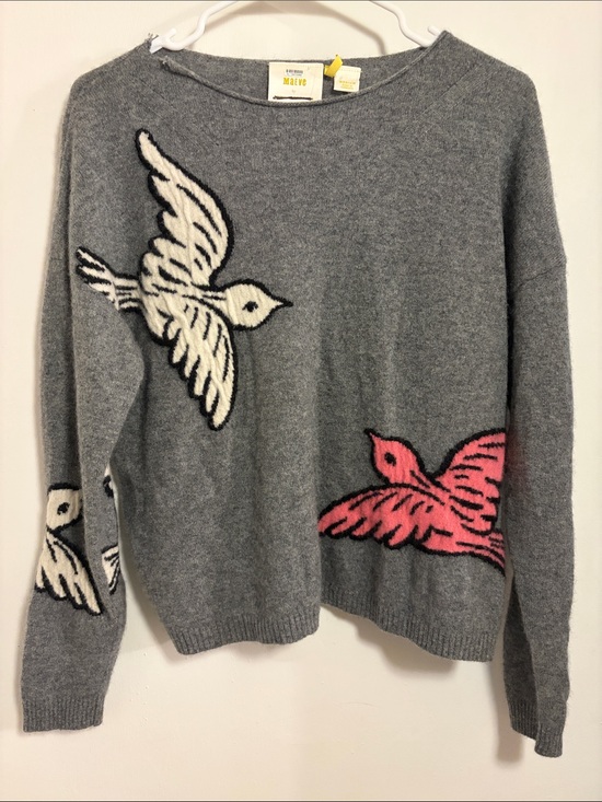 Maeve Sweaters - Maeve Bird Gray Sweater Pink & Cream BIRDS 100% Cashmere Medium Anthropologie